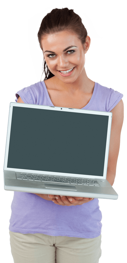Smiling Woman Holding Transparent Laptop Showing Screen