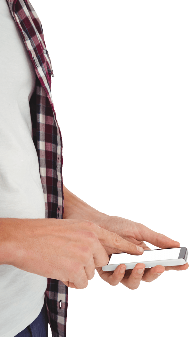 Midsection Man Texting on Transparent Smartphone Cutout