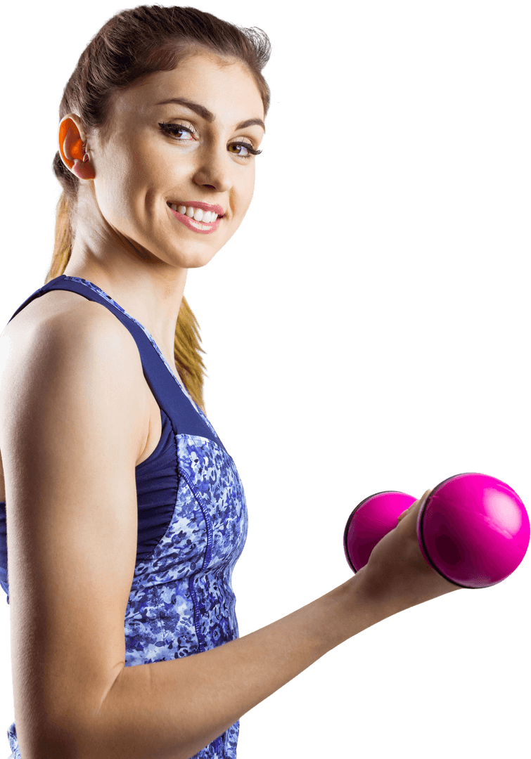 Fitness Enthusiast Lifting Pink Dumbbells on Transparent Background