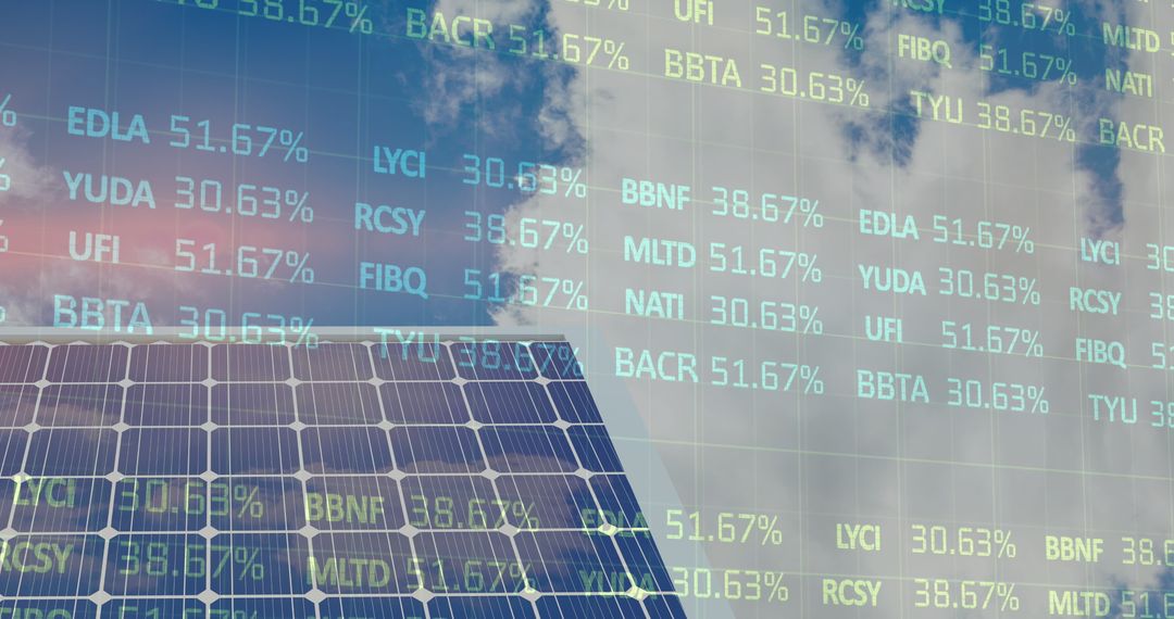 Financial Data Merged with Clean Energy Solar Panels and Skyscraper Reflection
