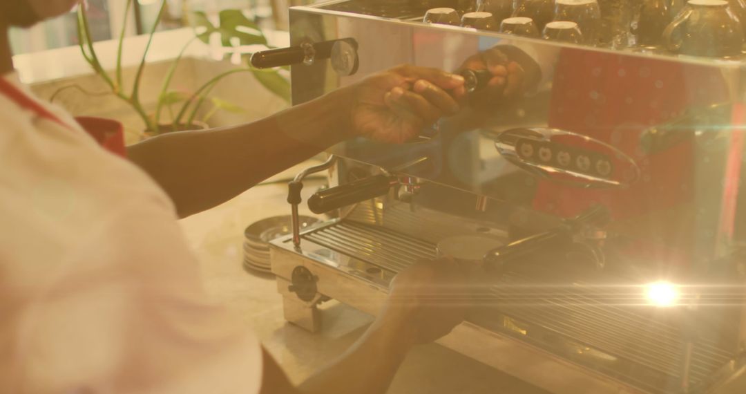 Barista Handcrafting Espresso Utilizes Popular Coffee Machine