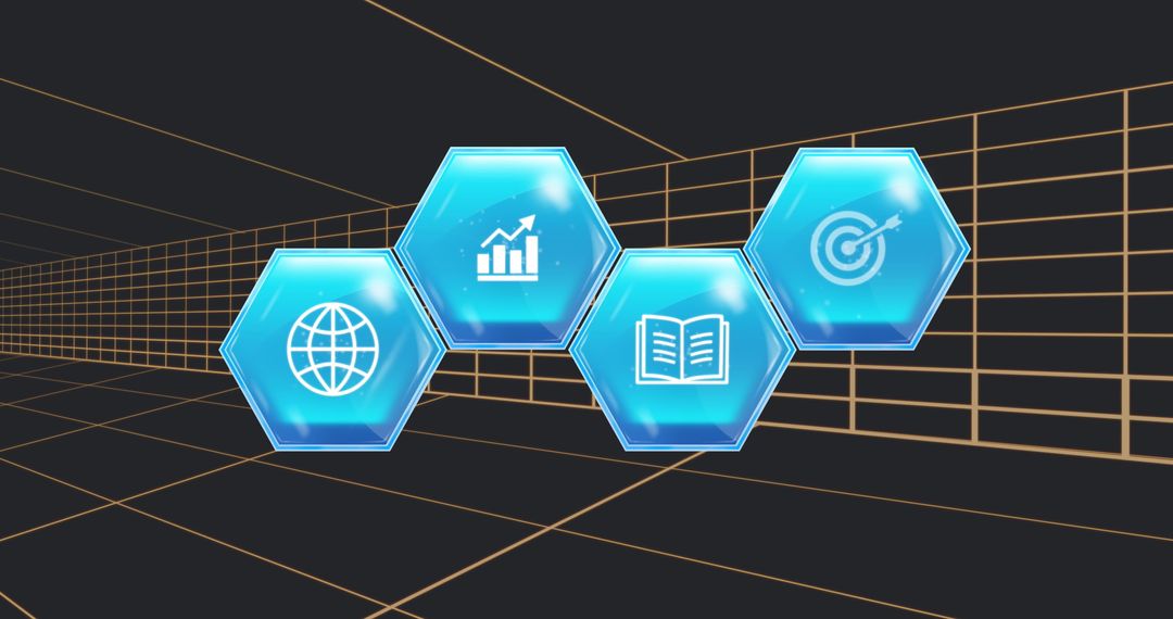 Digital Blue Icons on Abstract Black Geometric Background