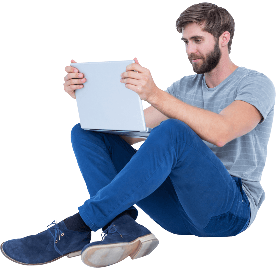 Transparent Casual Man Operating Laptop