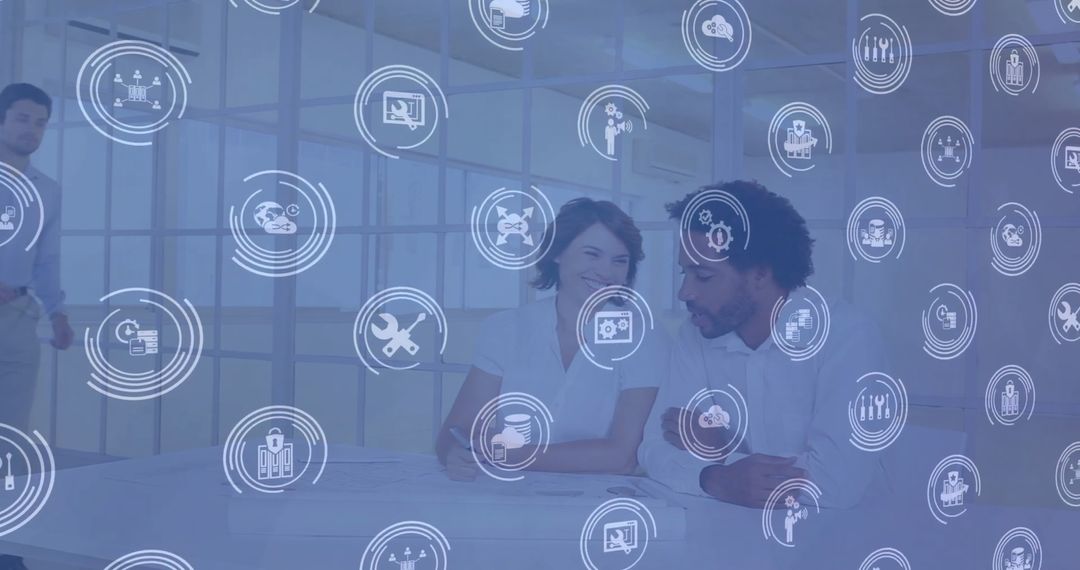 Diverse Business Professionals Collaborative Workspace Digital Icons Overlay