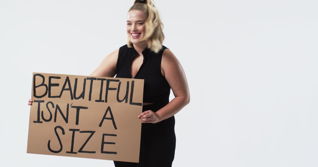 Smiling Plus Size Woman Advocating Body Positivity with Inspiring Message