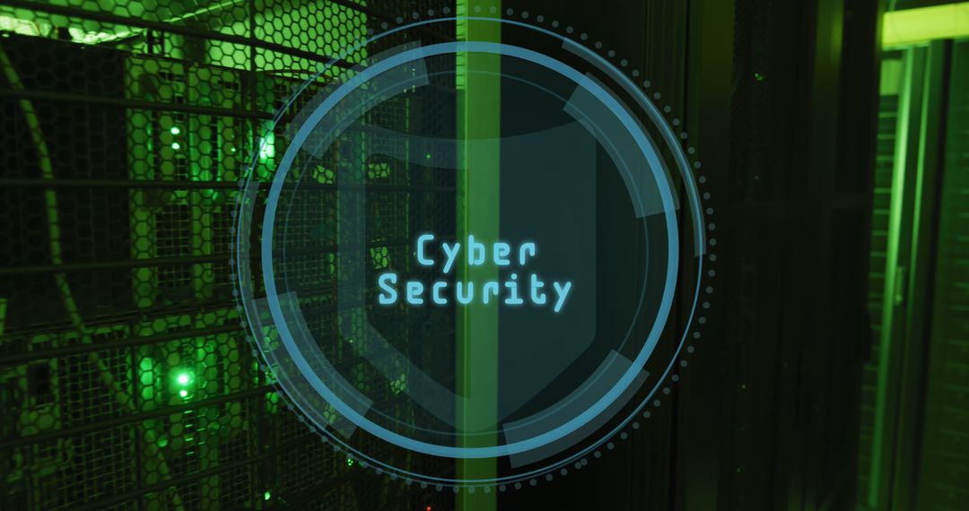 Cybersecurity Shield Over Data Center Servers and Digital Interface
