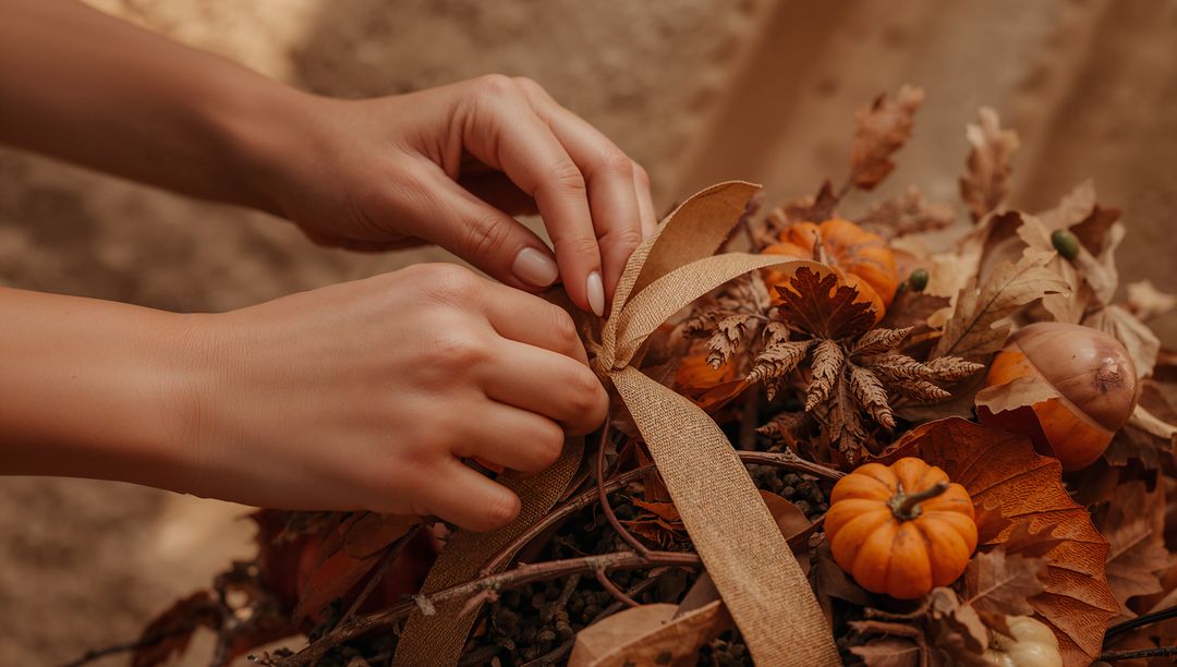 Hands tying burlap bow on autumn wreath with mini pumpkins and dried leaves