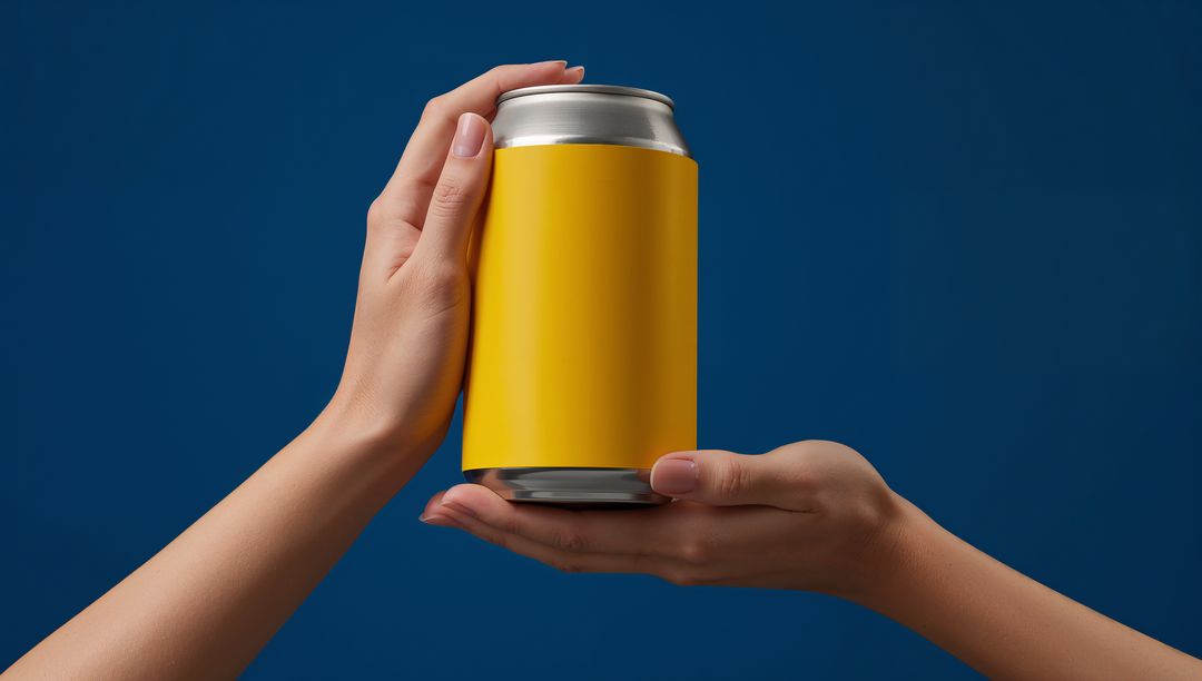 Hand Holding Blank Aluminum Can With Yellow Label on Deep Blue Background