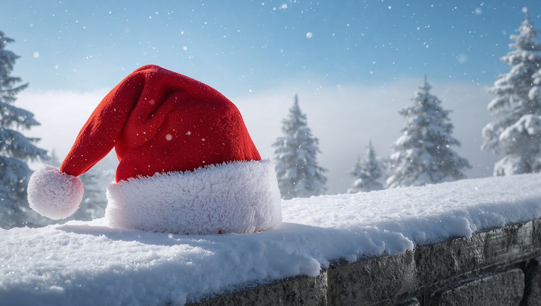 Santa hat resting on snow-covered ledge overlooking frosty alpine forest
