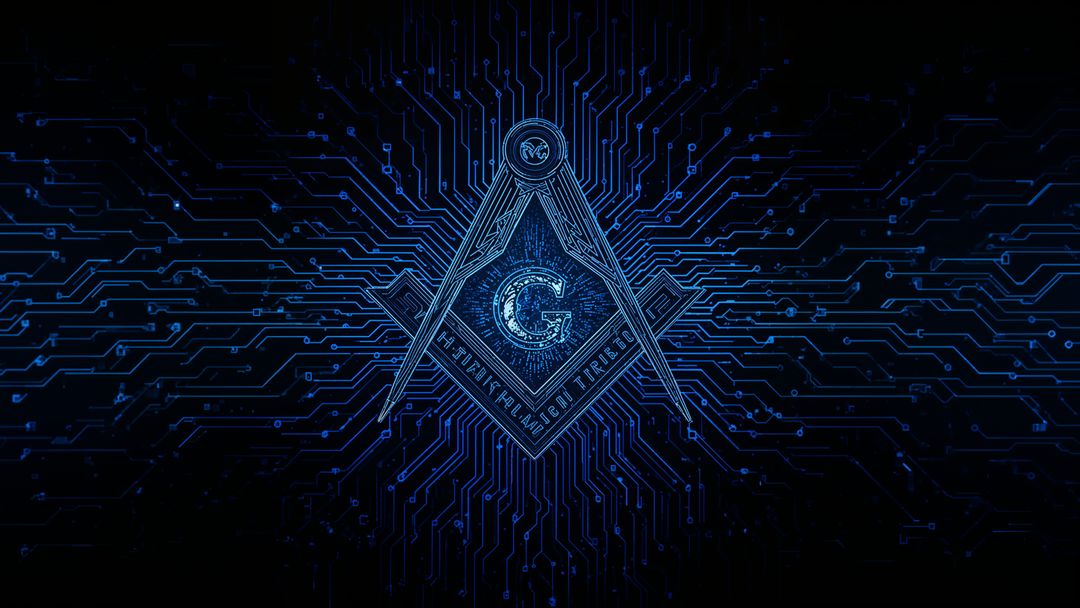 Glowing Masonic Symbol in Digital Circuit Theme