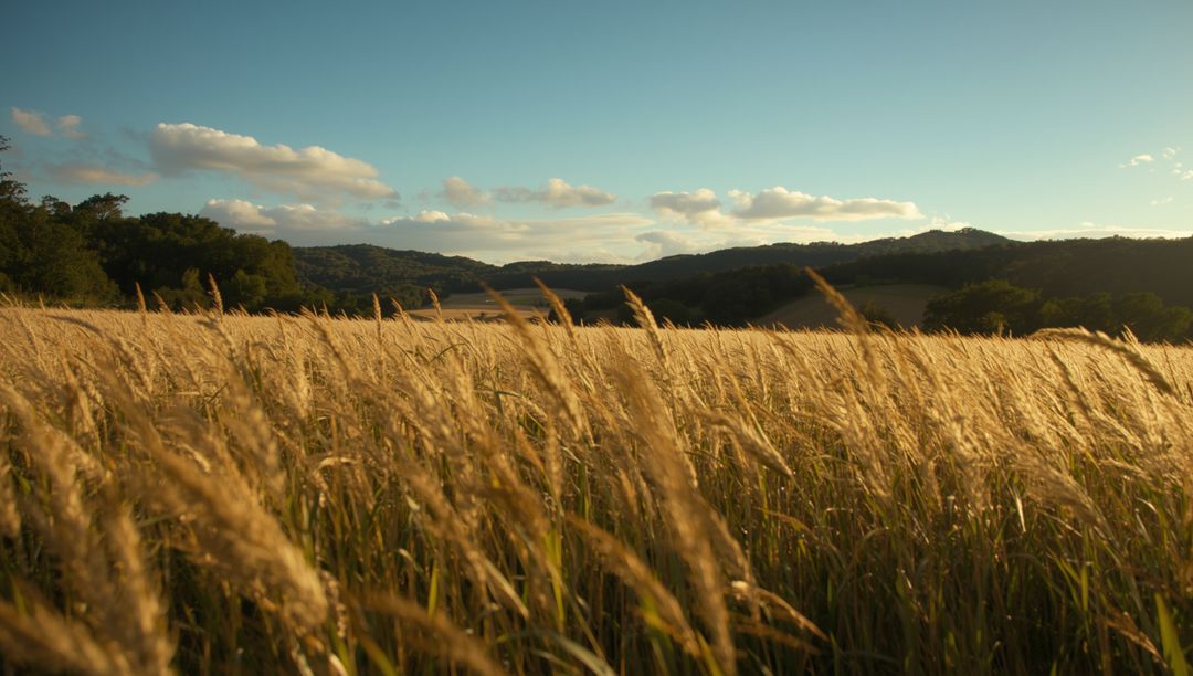 Golden Grasses Shimmering in Warm Light on Countryside Meadow