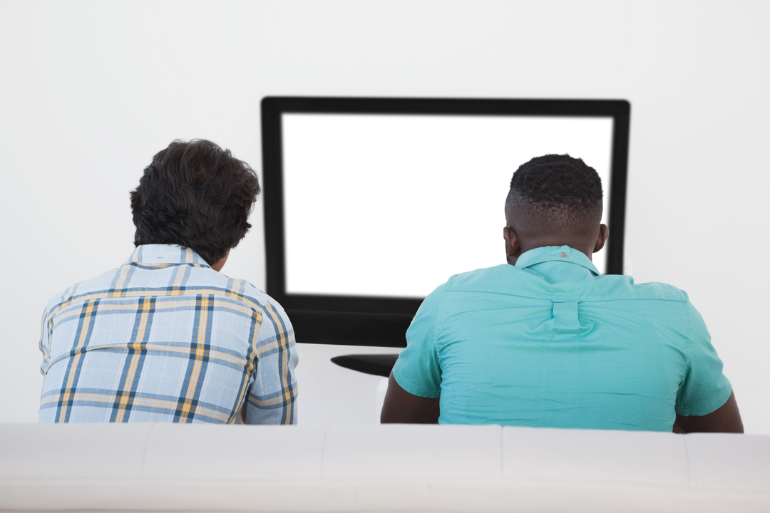 Rear view transparent soccer fans sitting on couch watching blank screen TV - Download Free Stock Images Pikwizard.com