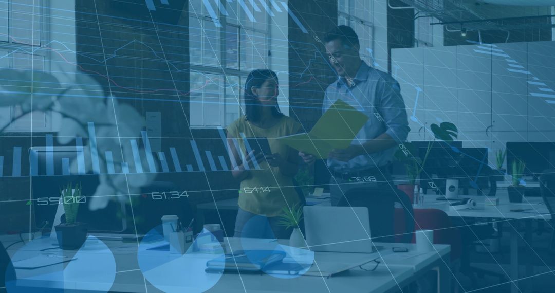 Coworkers Collaborating in Modern Open Office with Digital Overlay