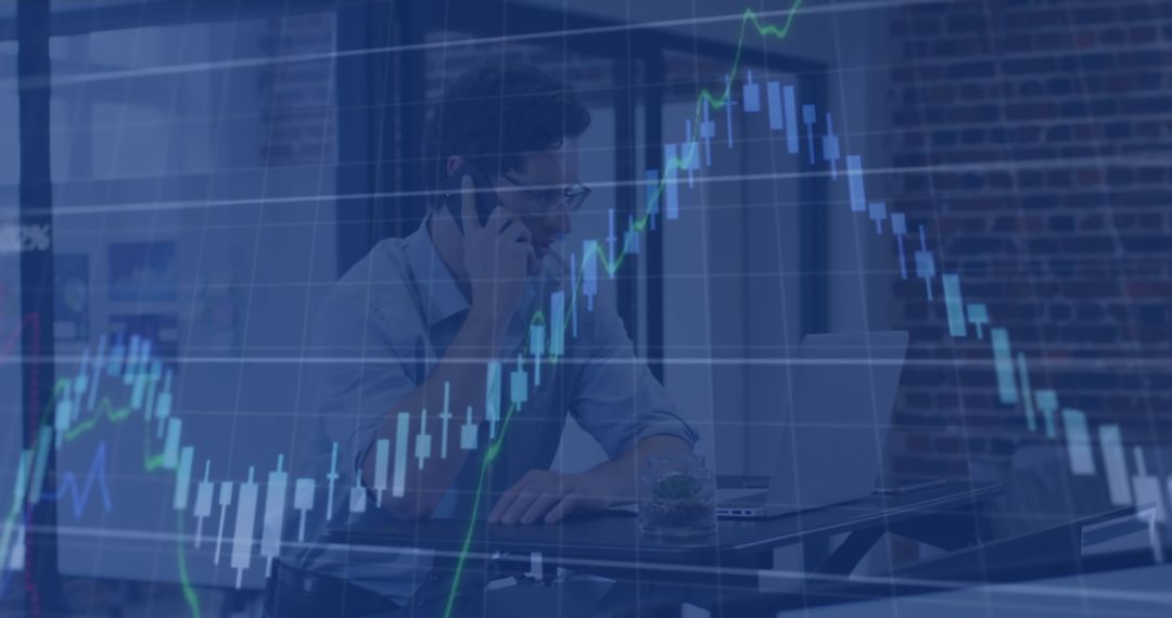 Businessman Analyzing Stock Market Data on Phone in Office