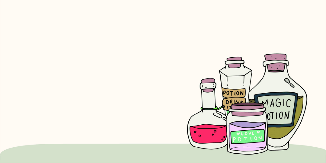 Transparent Illustration of Assorted Magical Potion Bottles on Table