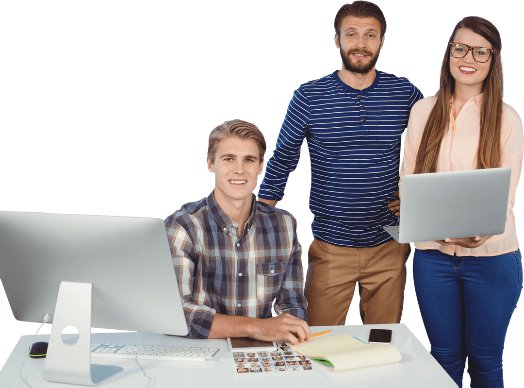 Transparent Background: Smiling Business Team Discussing with Laptop