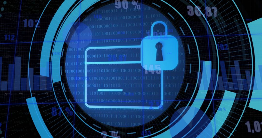 Black and Blue Digital Cyber Security Lock Icon with Data Background