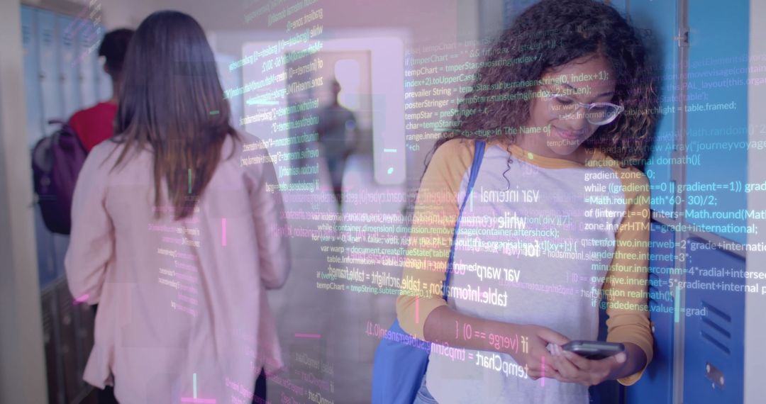 Biracial Student Engaging with Technology in School Hallway