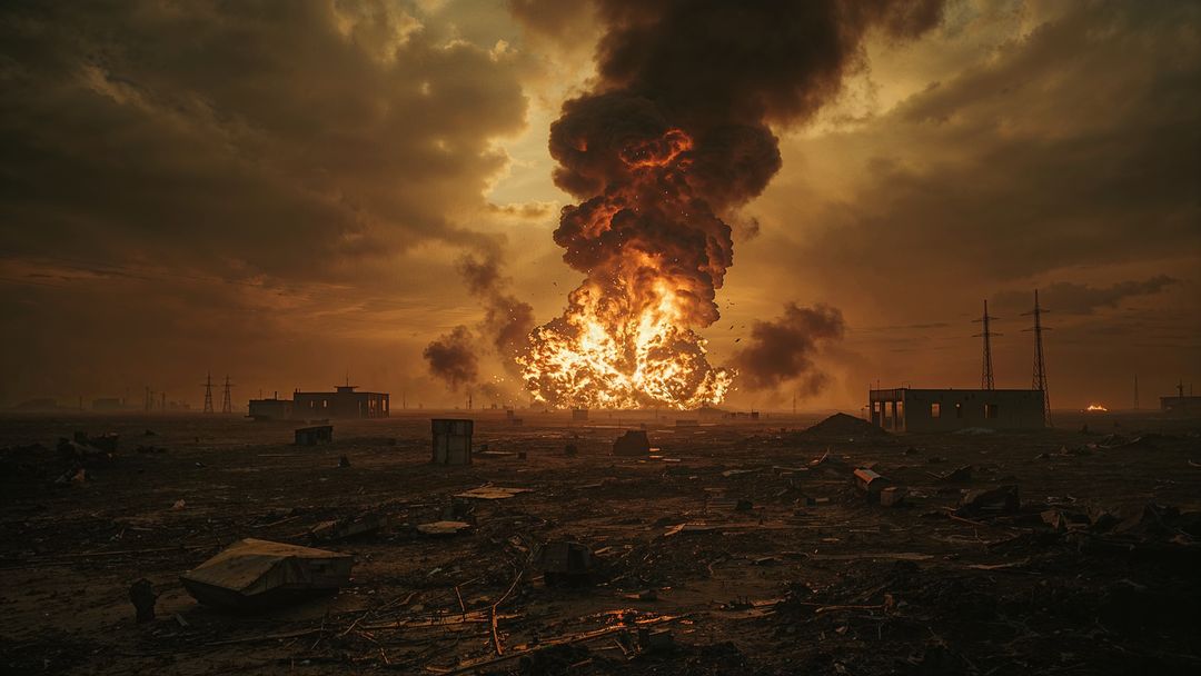Apocalyptic fireball airstrikes explosion on devastated landscape