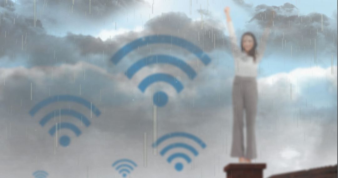 Woman Overlooking Stormy Sky with Wi-Fi Icons Symbolizing Connectivity