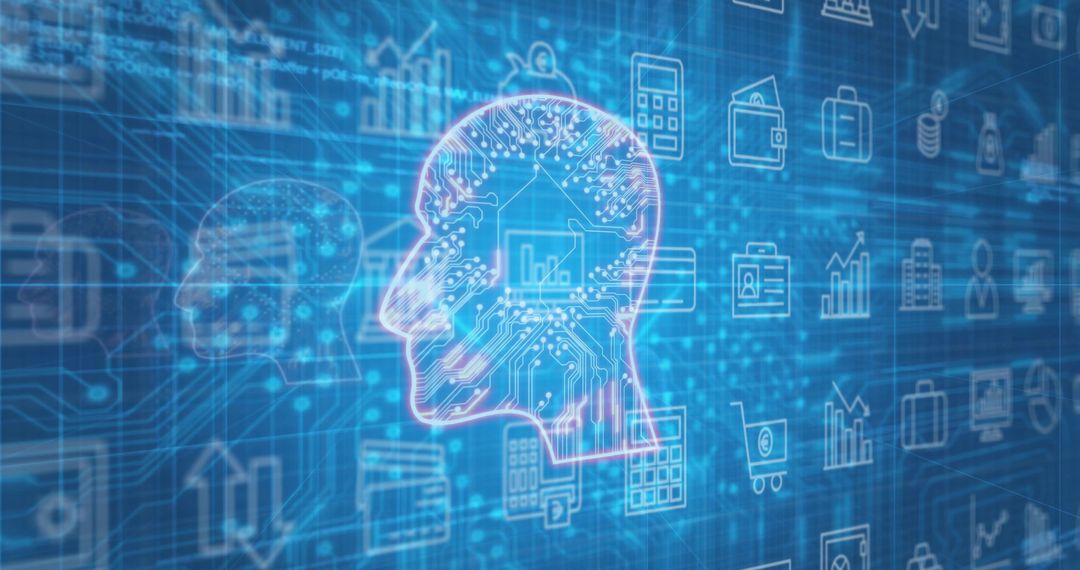 Neon AI Head with Circuit Traces on Digital Data Grid Featuring Bar Chart Dashboard Icon