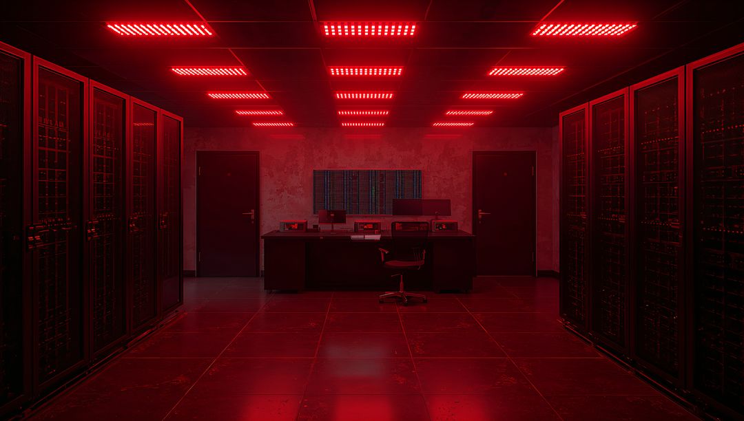 Red-Lit Data Center Control Console Glowing Between Server Racks with Monitors