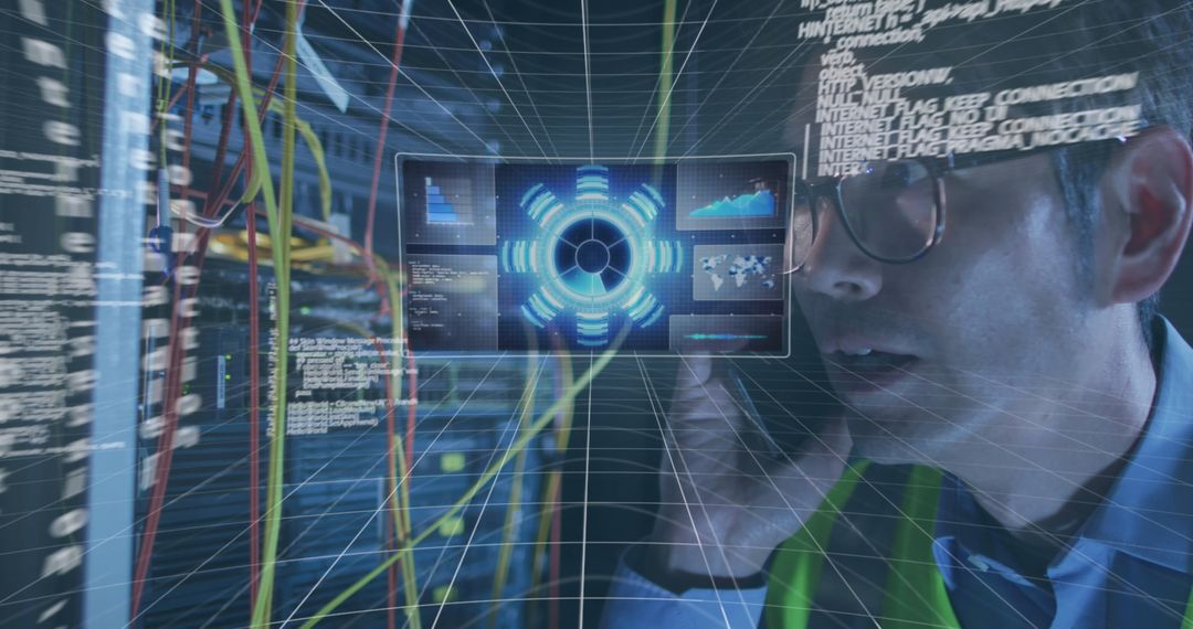 Asian IT Engineer Analyzing Data on Phone in Server Room