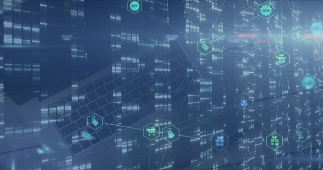 Futuristic Digital Network Overlay on Cityscape Vision