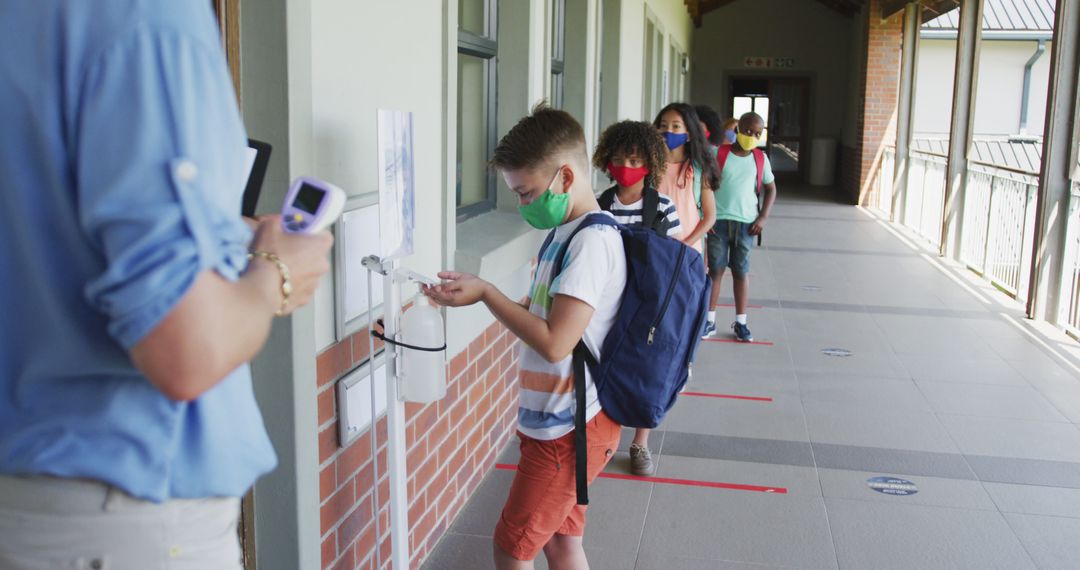School Children Wearing Masks Waiting for Temperature Check