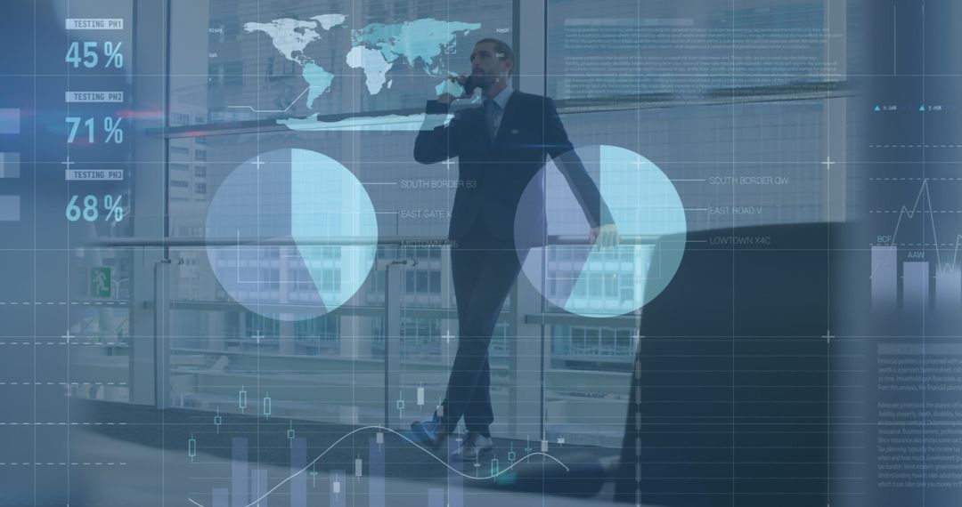 Caucasian Businessman Engaged in Digital Communications Amidst Data Graphics