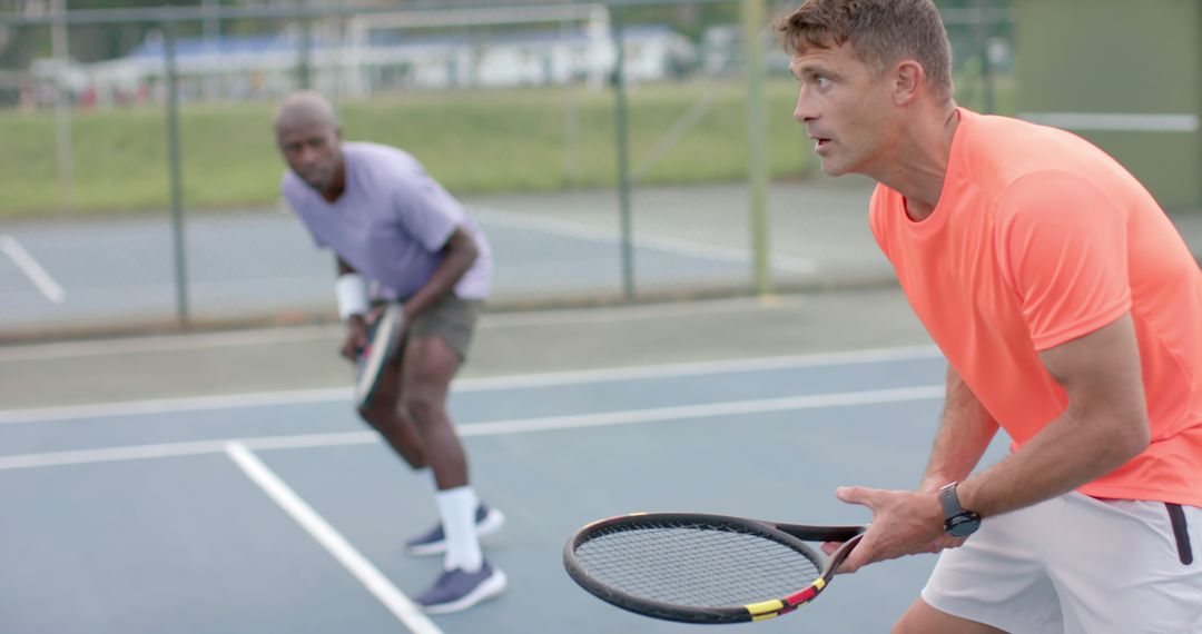 Men Engaging in Intense Doubles Tennis Match - Free Images, Stock Photos and Pictures on Pikwizard.com