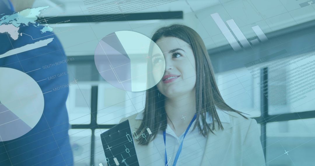 Smiling Businesswoman Analyzing Financial Data Visuals in Office