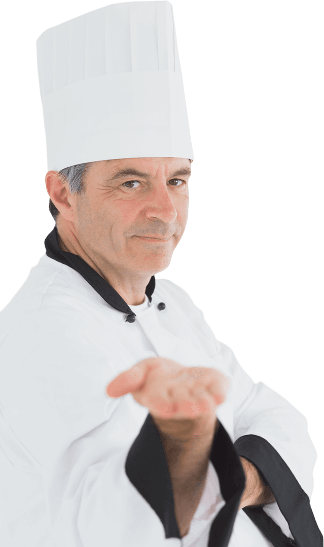 Transparent Portrait of Male Chef Holding Empty Open Hand