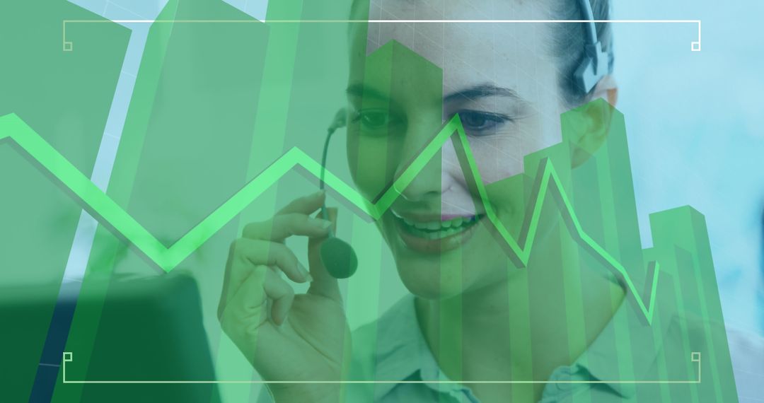 Call Center Professional in Headset Overlaid with Financial Graph