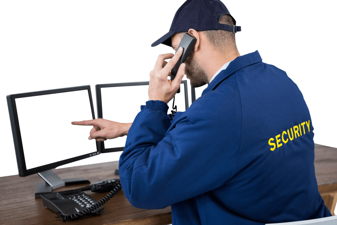 Rear View Security Officer on Phone with Transparent Screen Monitors
