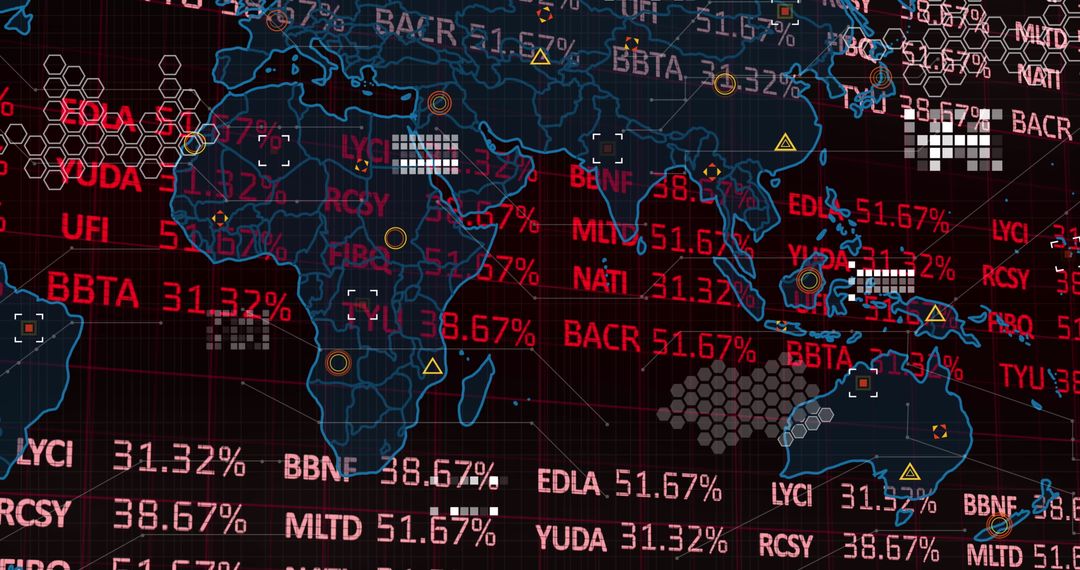 Global Stock Tickers with Percentages on Digital Map Interface