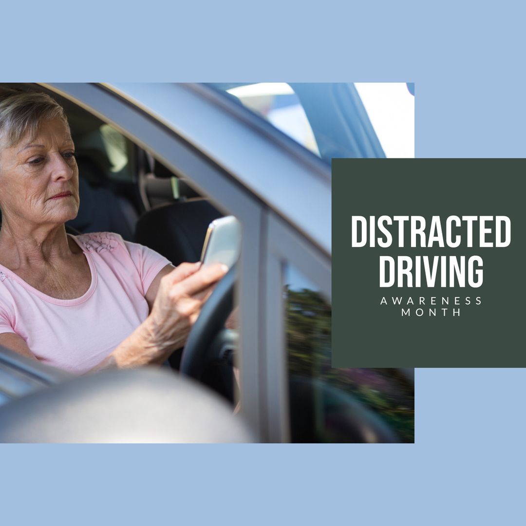 Senior Woman Engaging in Distracted Driving with Smartphone in Car