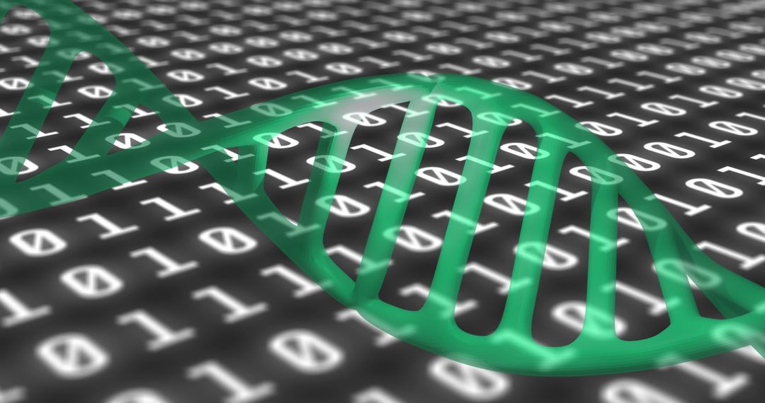 Futuristic Green DNA Strand on Binary Code Background