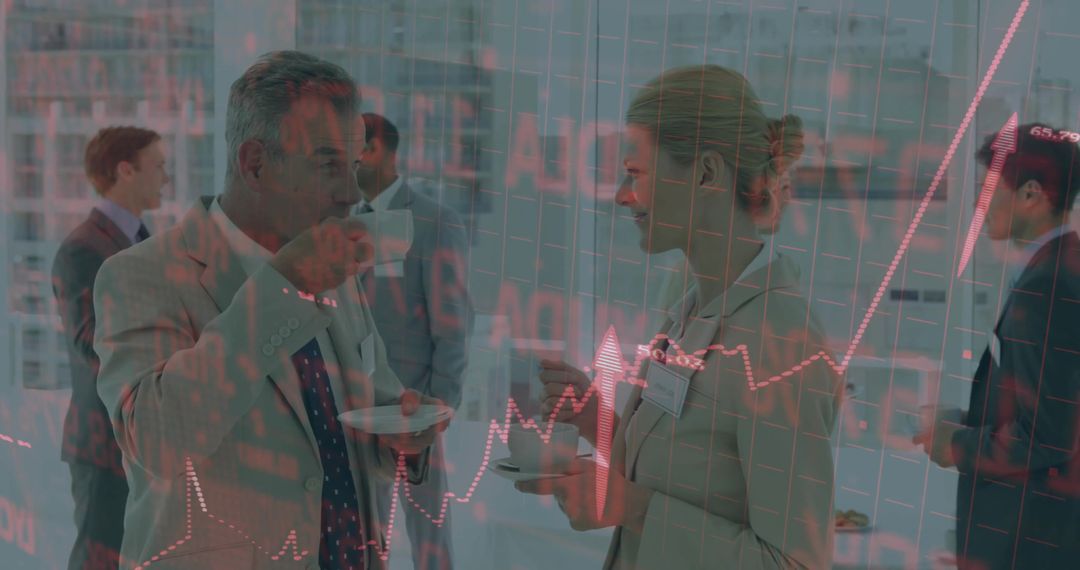 Business Professionals Networking in a Modern Corporate Setting with Stock Market Overlay