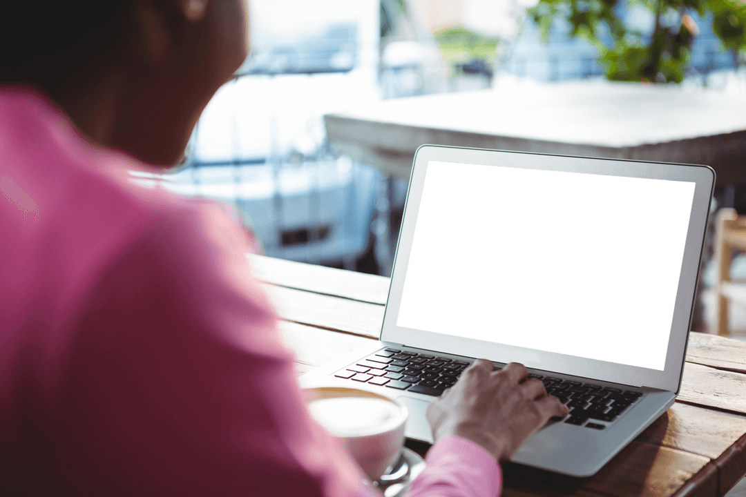 Transparent Screen Laptop with Woman Relaxing in Cafe