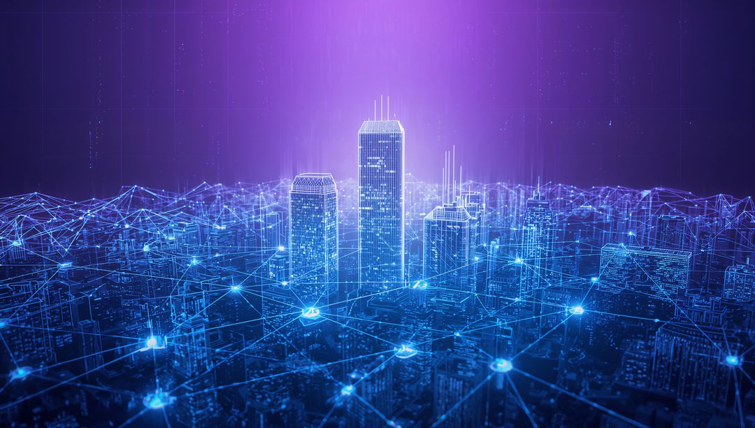 Futuristic Cityscape with Neon-Lit Skyscrapers and Network Nodes