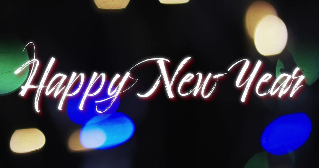Happy New Year Text with Festive Colored Lights Background