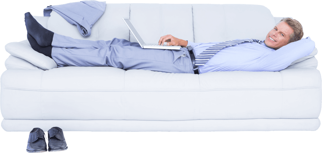 Relaxed Businessman Lying on Couch with Laptop Smiling Transparent Background