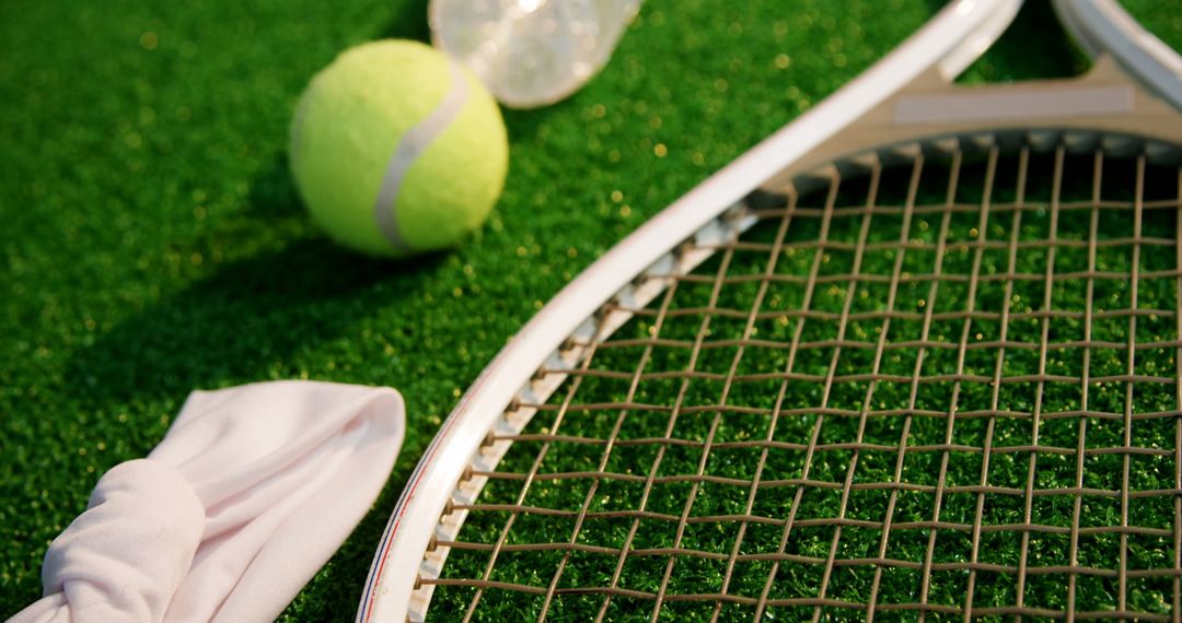 Tennis Racket with Ball and Sweat Towel on Grass Court - Free Images, Stock Photos and Pictures on Pikwizard.com