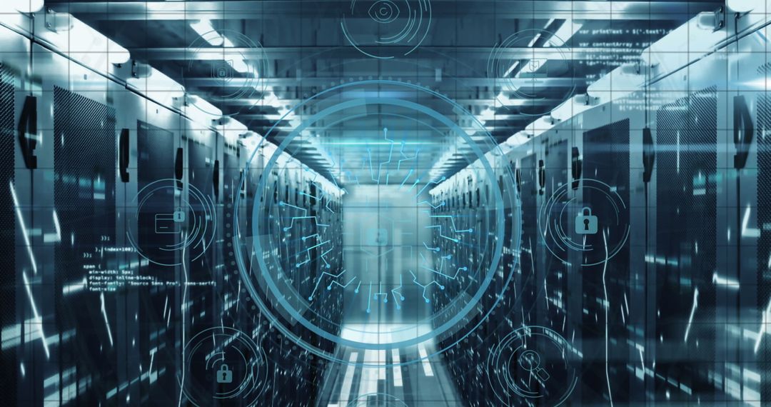 Cybersecurity Icons Overlay Attached to Server Room