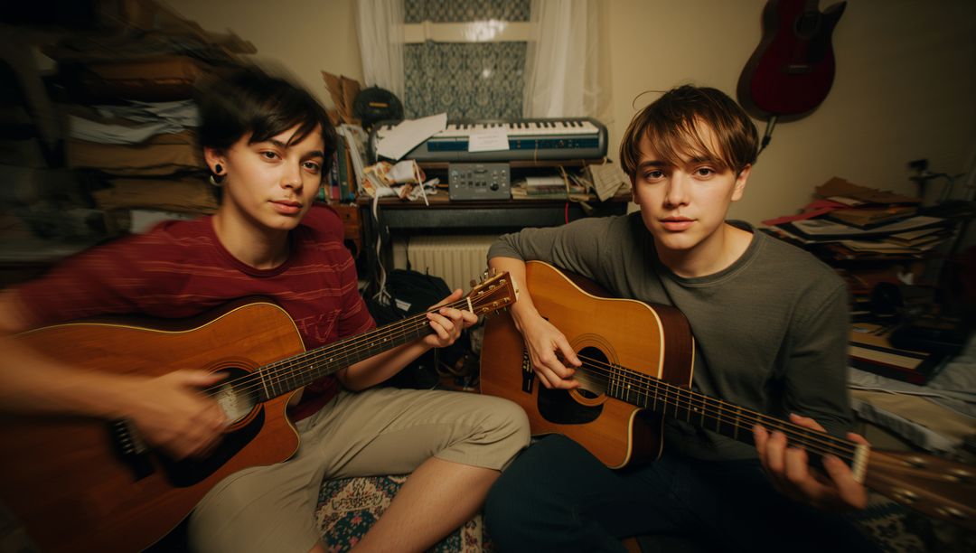 Young musicians playing acoustic guitars in cozy home studio