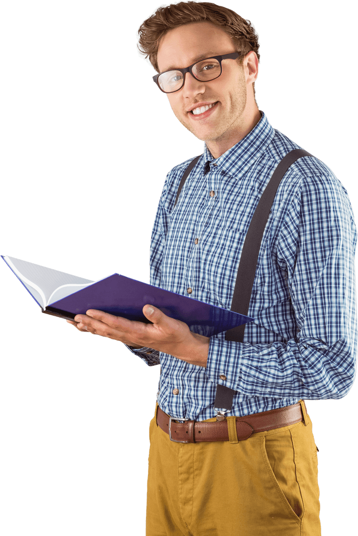 Transparent Image of Geeky Student Reading Blue Book