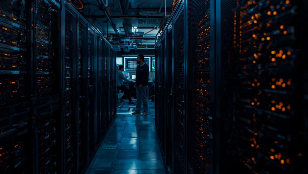 Technicians Managing Servers in Data Center Corridor