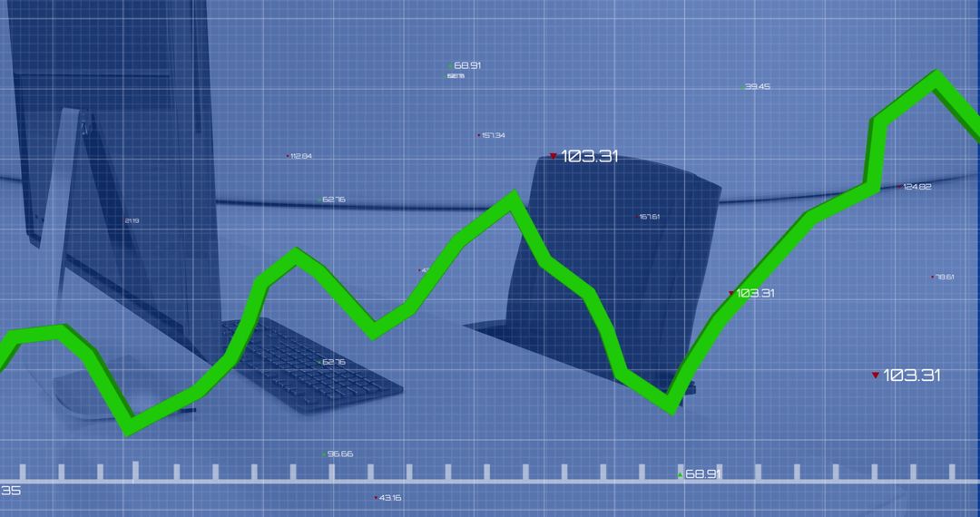 Green Line Graph Overlaying Modern Office Setting