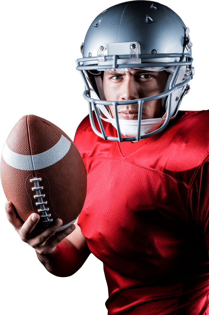 Determined Football Player Holding Ball on a Transparent Background